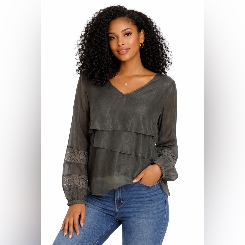 Addison Story by Anthropologie Gray Layered Chiffon Lace Sleeve Boho Blouse